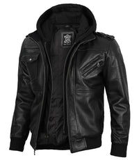 Edinburgh Mens Black Bomber Leather Jacket With Removable Hood