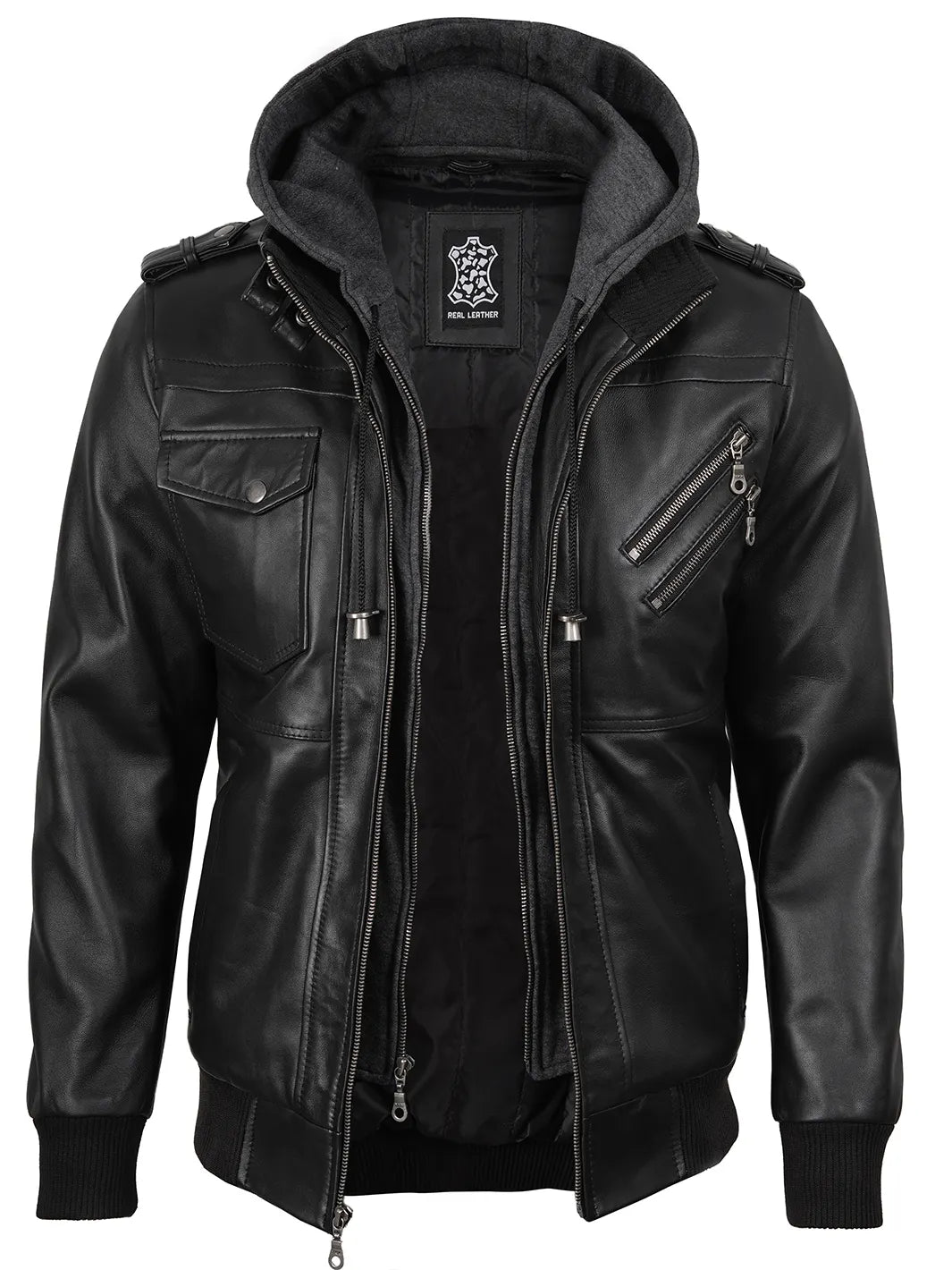 Men's Black Bomber Real Leather Jacket with Removable Hood