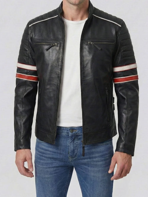 Men’s Black Cafe Racer Leather Jacket with Red & White Stripes