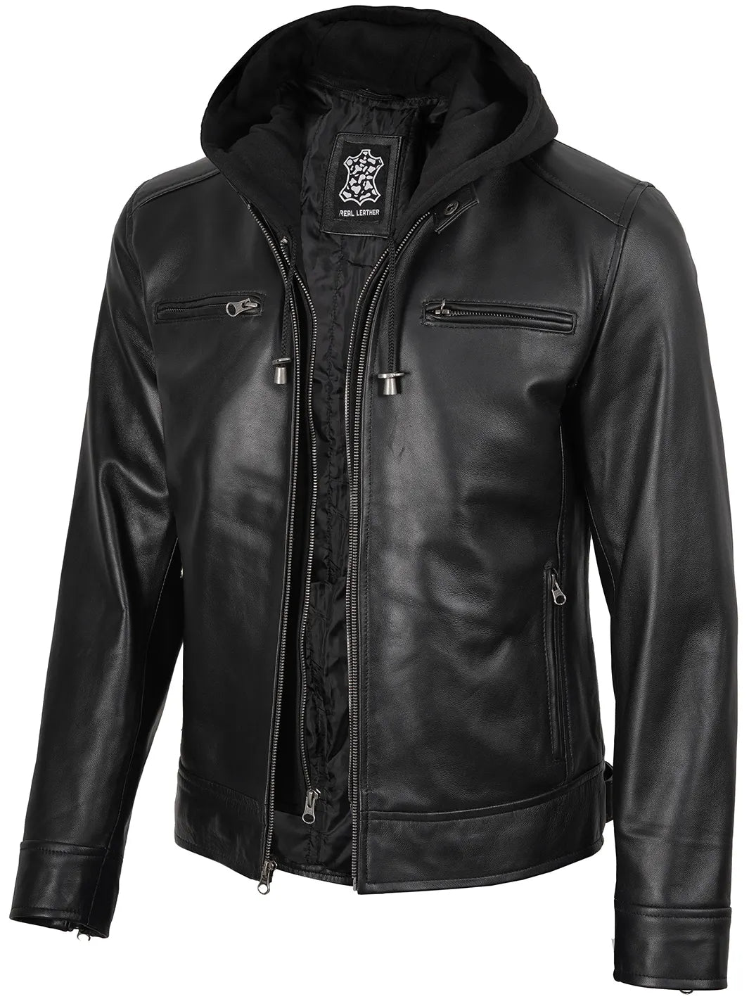 Men's Black Moto Leather Jacket with Removable Hood