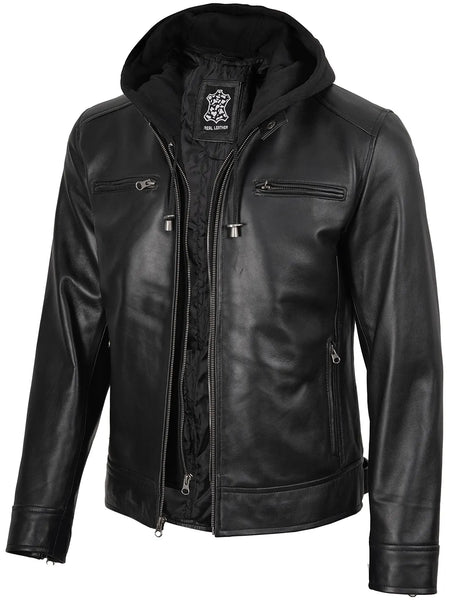 Mens Black Moto Jacket With Hood – Decrum