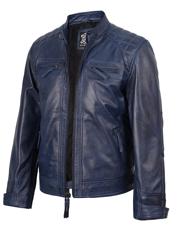 Men's Blue Wax Cafe Racer Leather Jacket