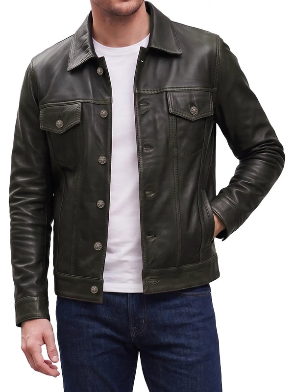 Men's Dark Brown Leather Trucker Jacket