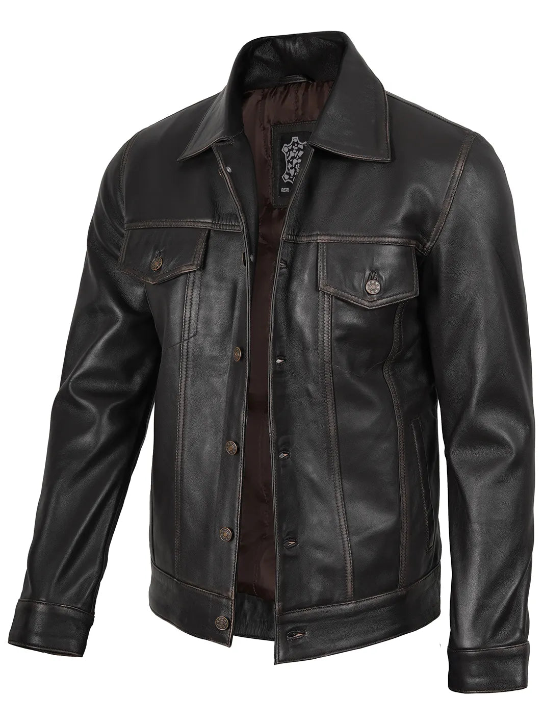 Men's Dark Brown Lambskin Leather Trucker Jacket