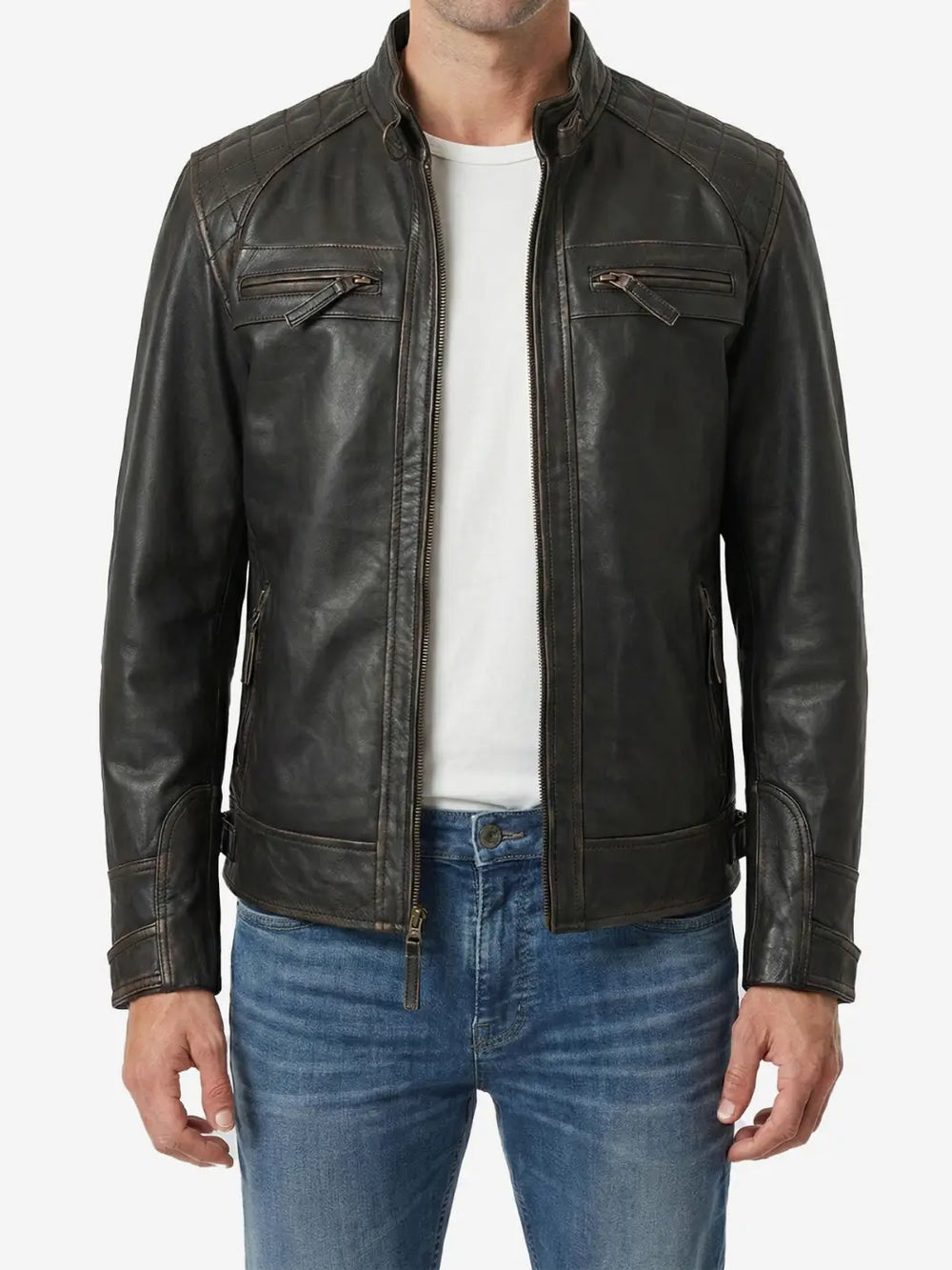 Man wearing a black leather jacket over a white shirt and blue jeans on a white background