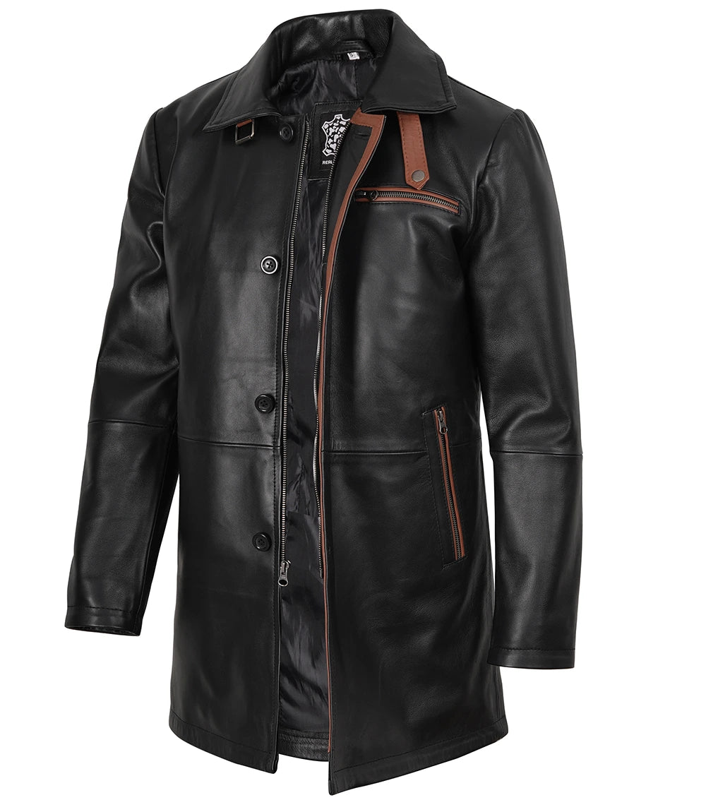 Black leather coat with brown accents on a white background