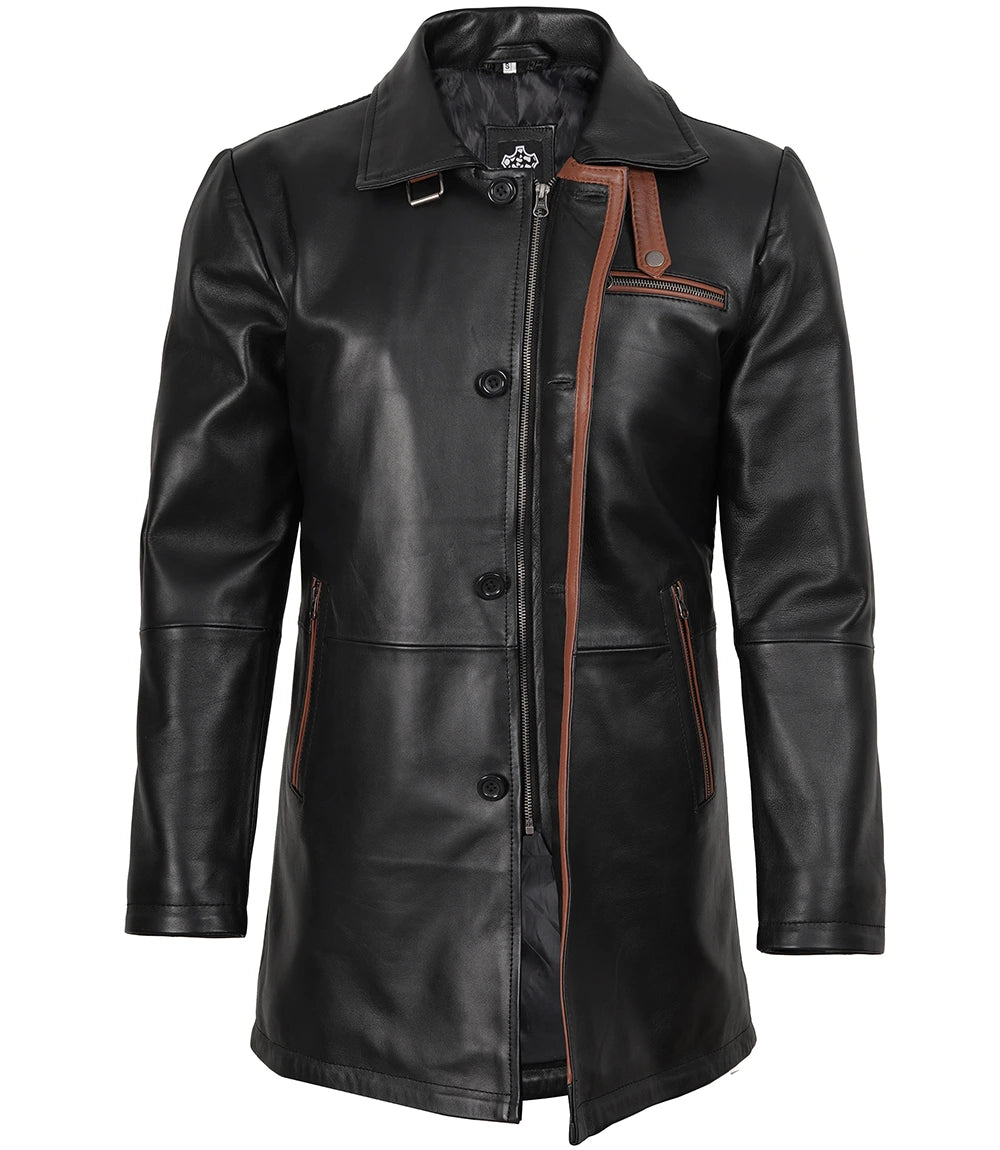 Black leather coat with brown accents on a white background