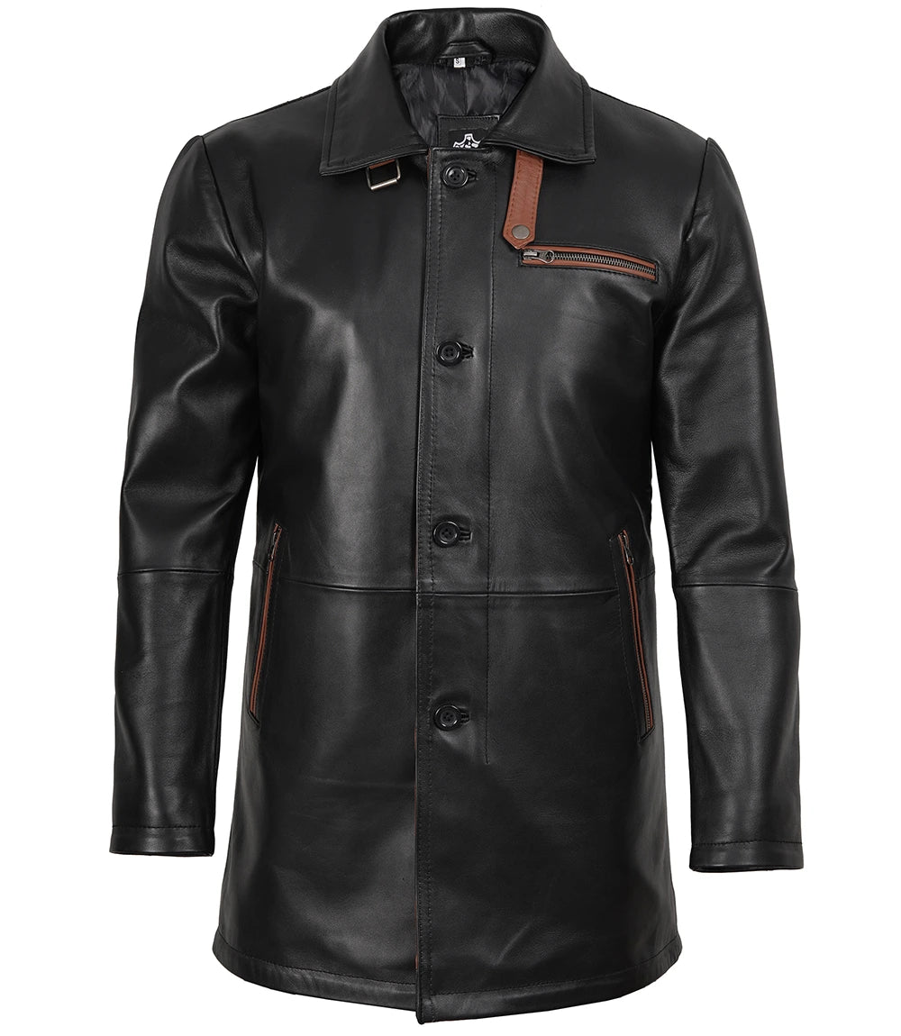 Mens Black Leather Car Coat - Real Lambskin Leather – Decrum