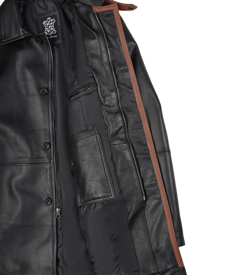 Black leather coat with brown trim on a white background