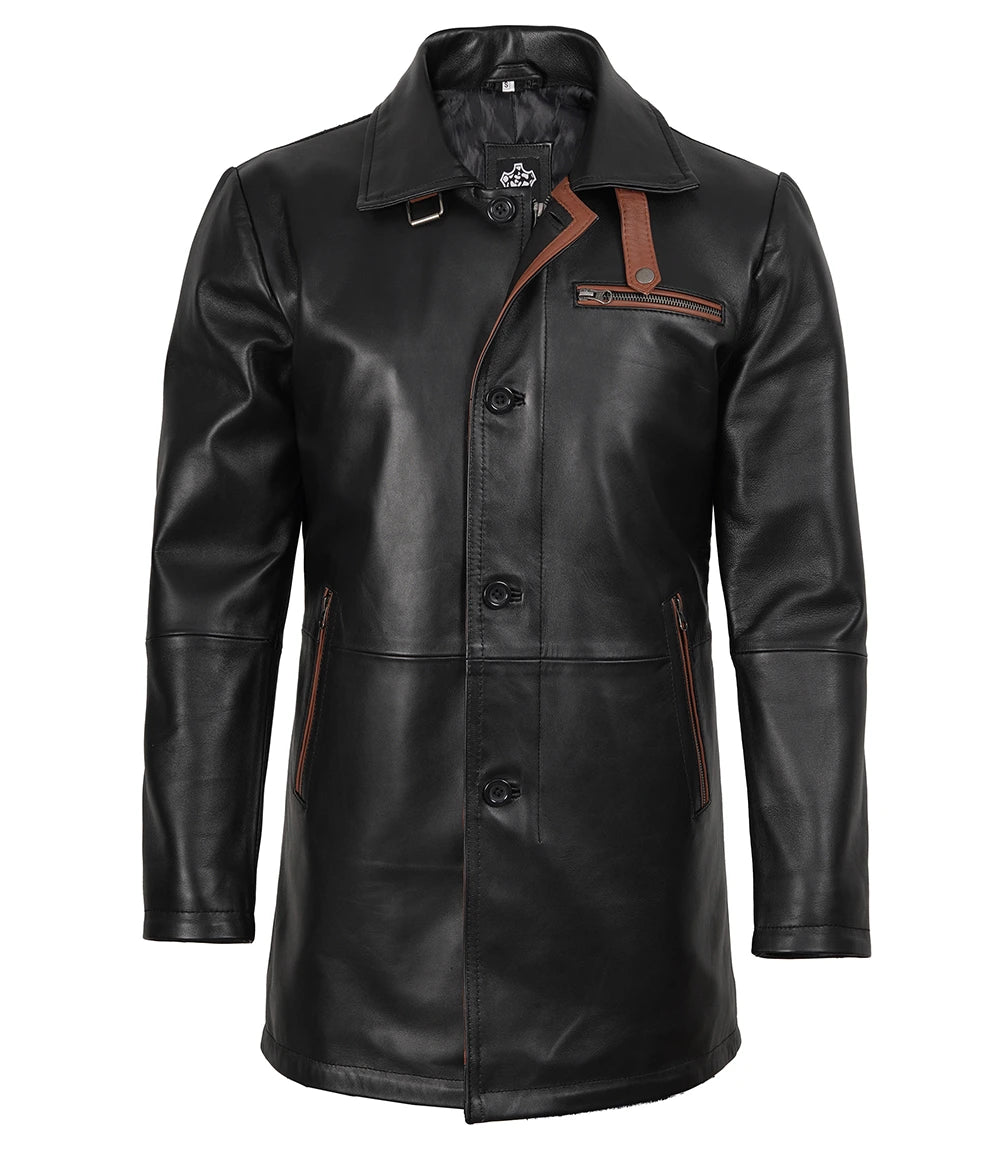 Black leather coat with brown accents on a white background