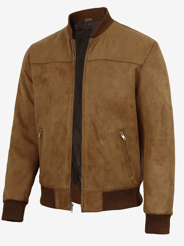 Men's light brown faux suede bomber jacket