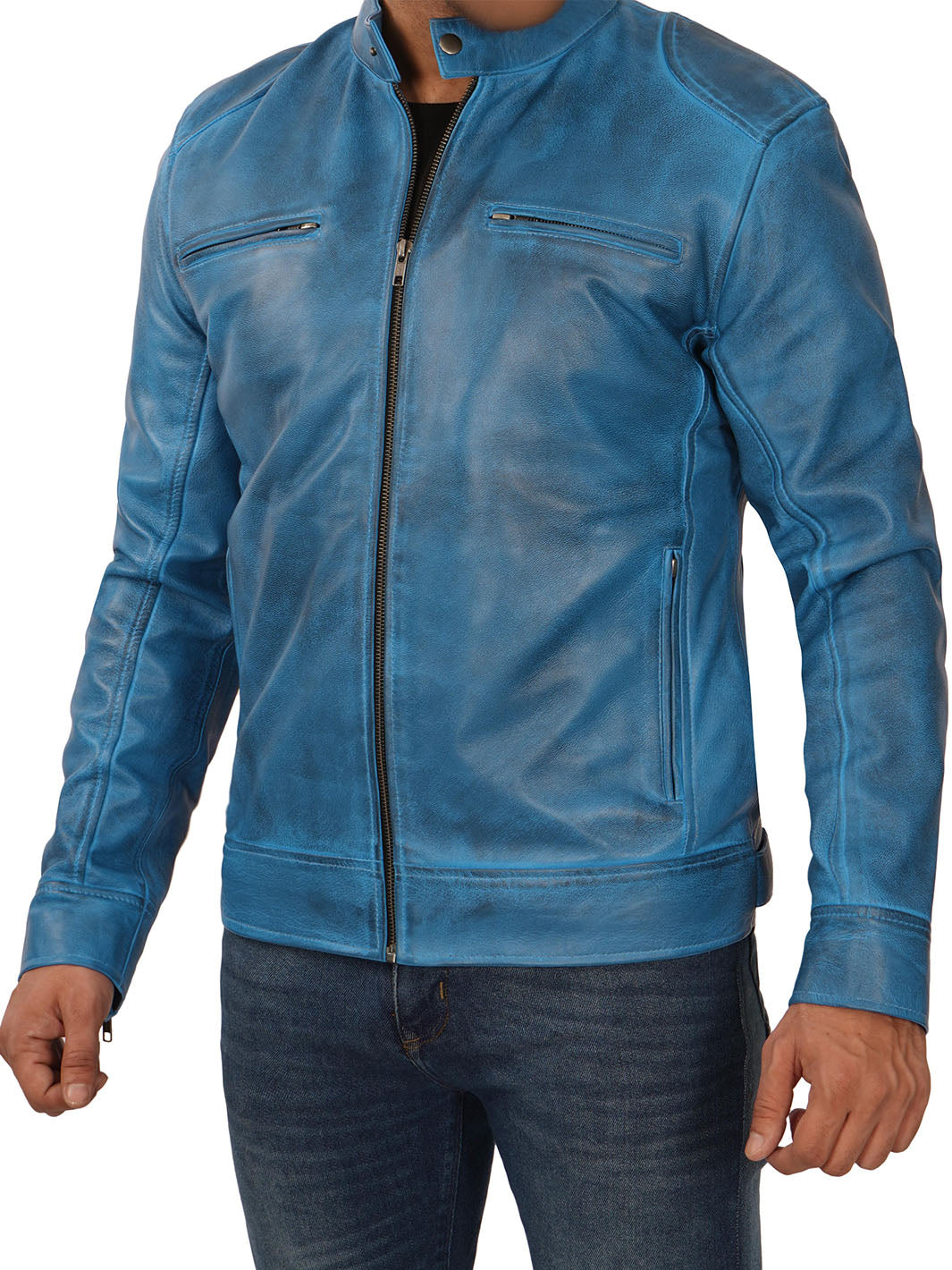 Mens light blue leather jacket clearance