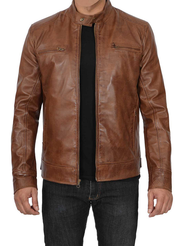 Mens Brown Cafe Racer Biker Leather Jacket