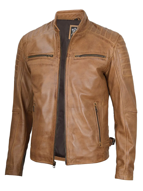 Mens Brown Cafe Racer Leather Jacket