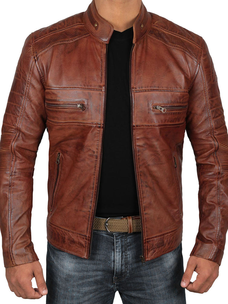 Decrum Leather Jackets Men - Real Lambskin Classic Cafe Racer Style Mens  Leather Jacket : : Clothing, Shoes & Accessories