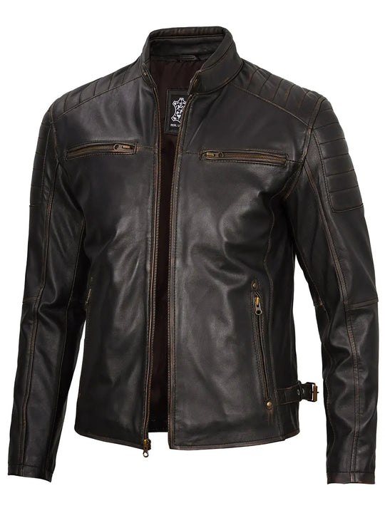 Mens Leather Jacket Cafe Racer