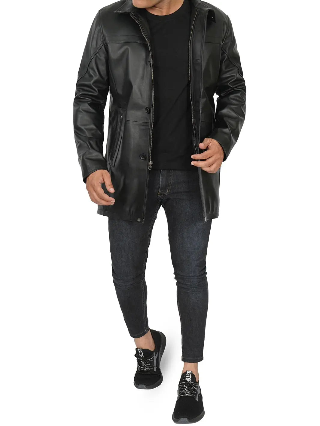 Mens Bristol Black Leather Car Coat Decrum
