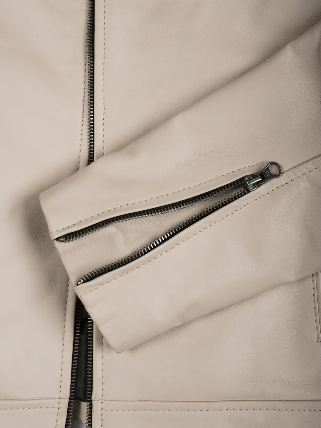 Mens Beige Cafe Racer Leather Jacket Features 