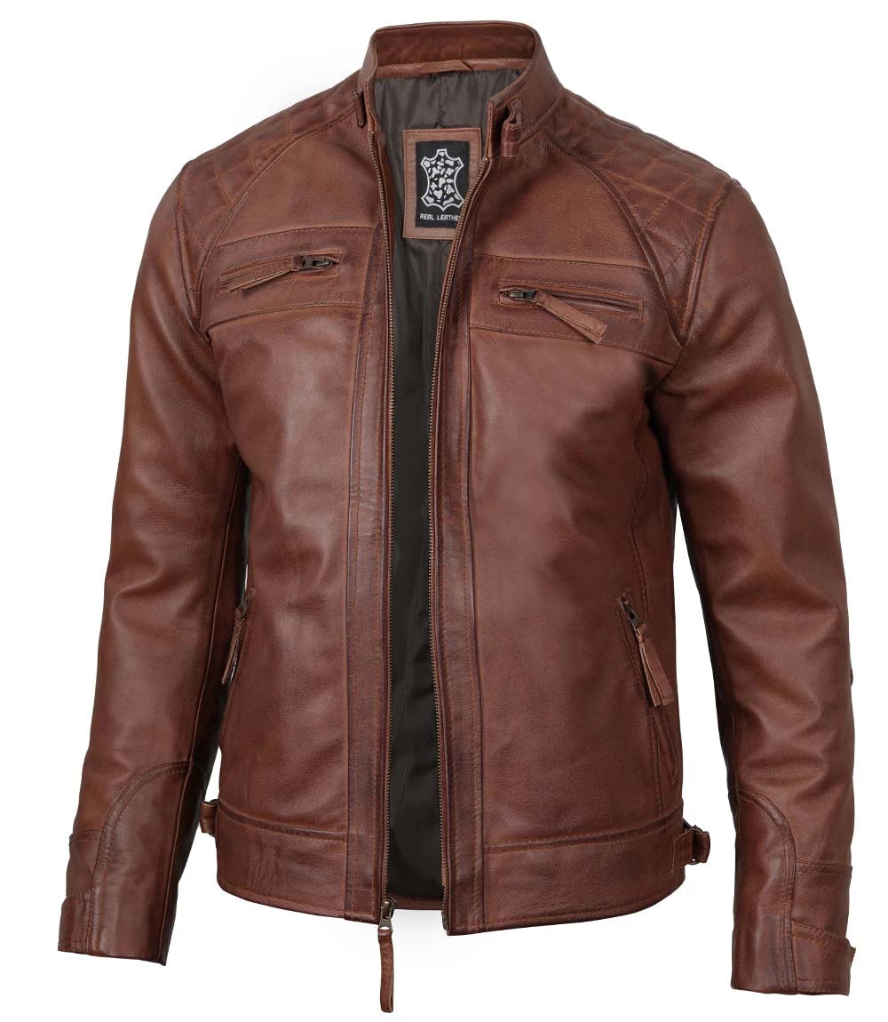 Mens Biker cognac Brown Real Lambskin Leather Jacket