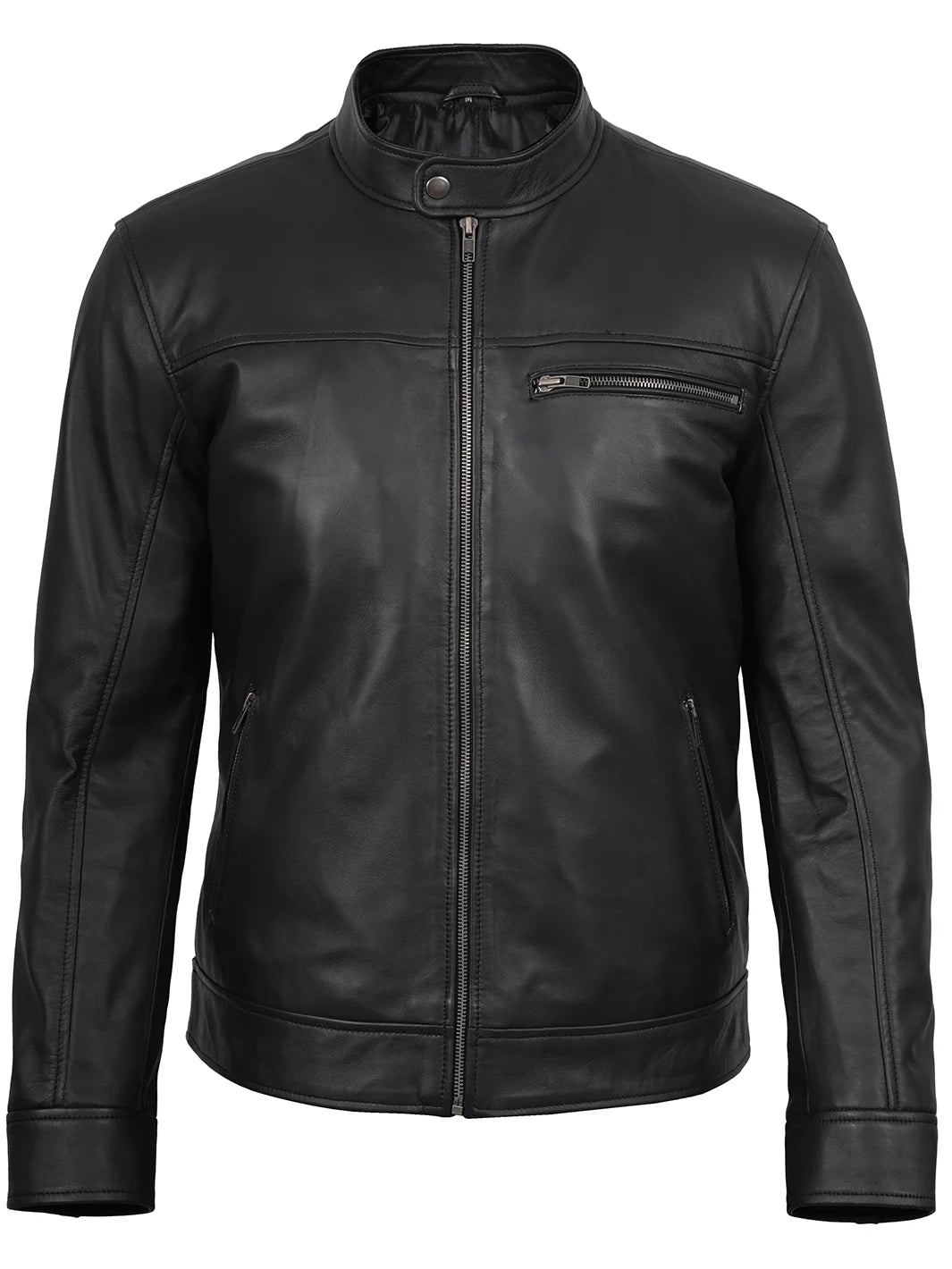 Mens Black Biker Real Leather Jacket 