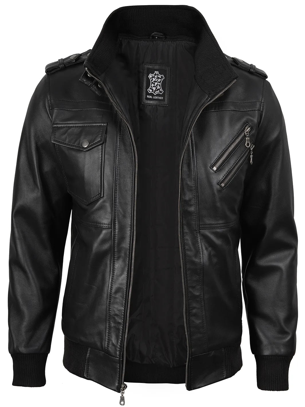 Mens Black Bomber Leather Jacket with Removable Hood