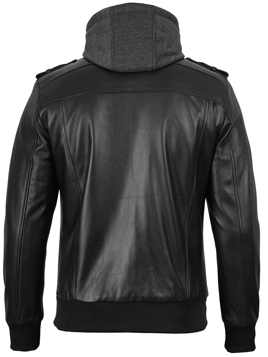 Mens Black Bomber Real Leather Jacket with Removable Hood