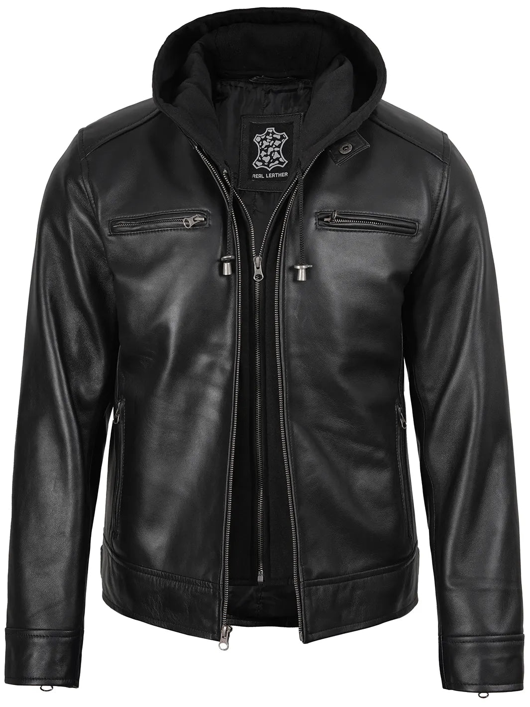 Mens Black Cafe Racer Hooded Leather Jacket