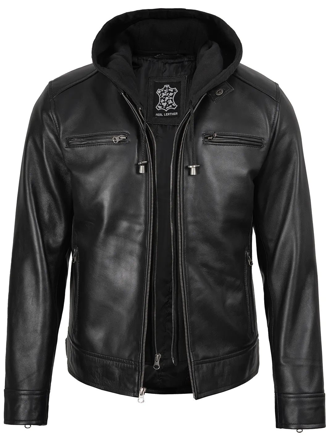 Mens Black Cafe Racer Leather Jacket Hooded