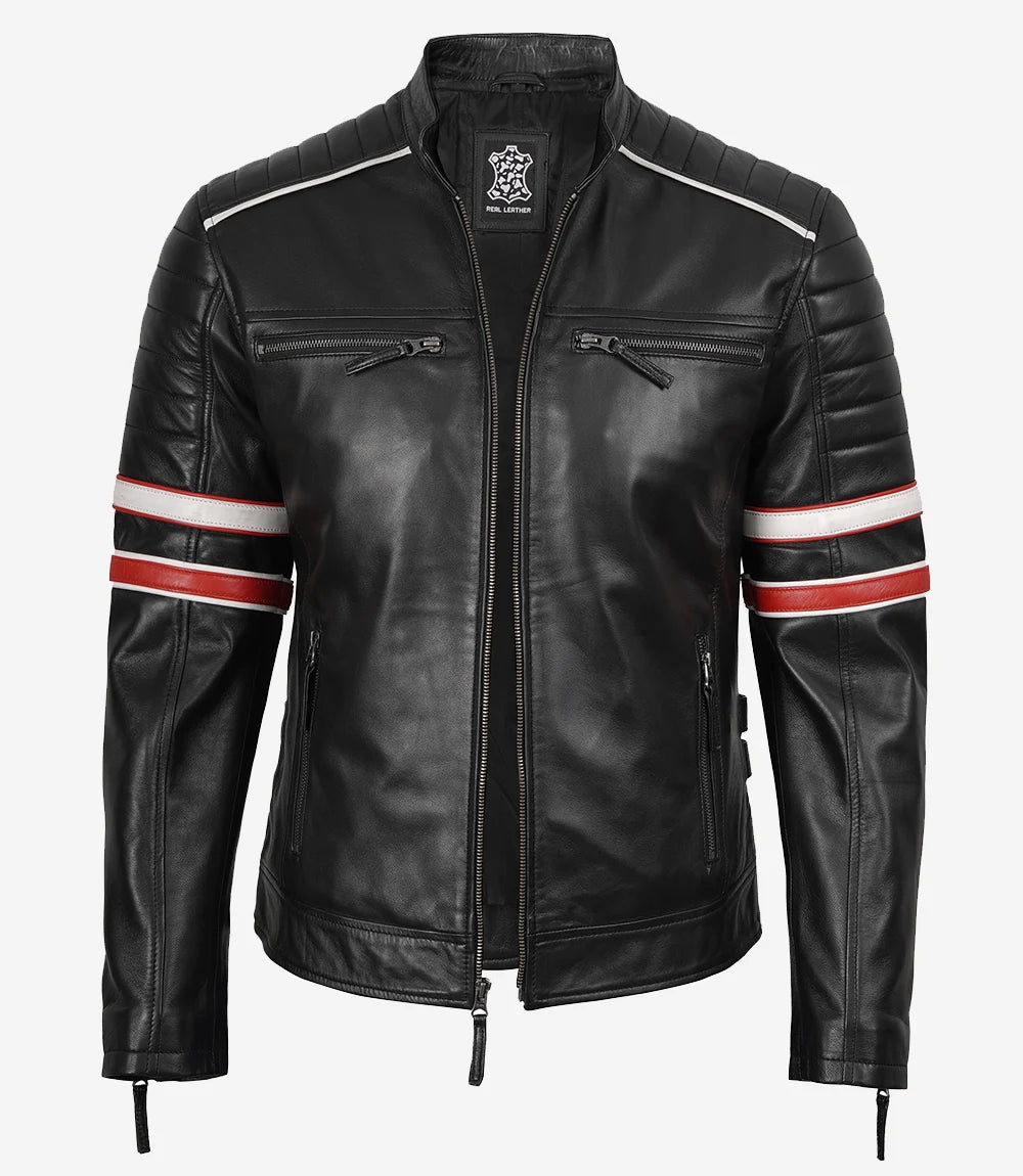 Mens Black Cafe Racer Leather Jacket with Dual Stripes