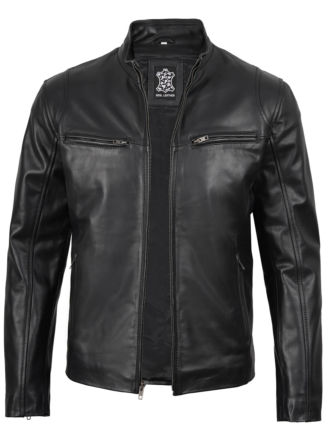Mens Black Cafe Racer Real Leather Jacket