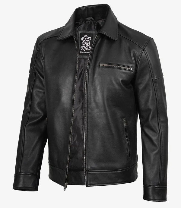 Mens Black Leather Jacket Shirt Collar Style
