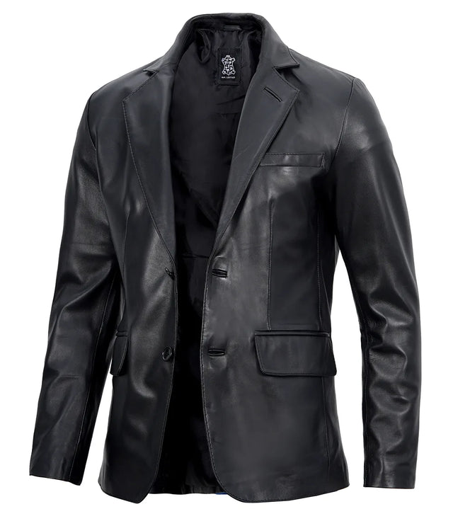 Men's black two-button real leather blazer
