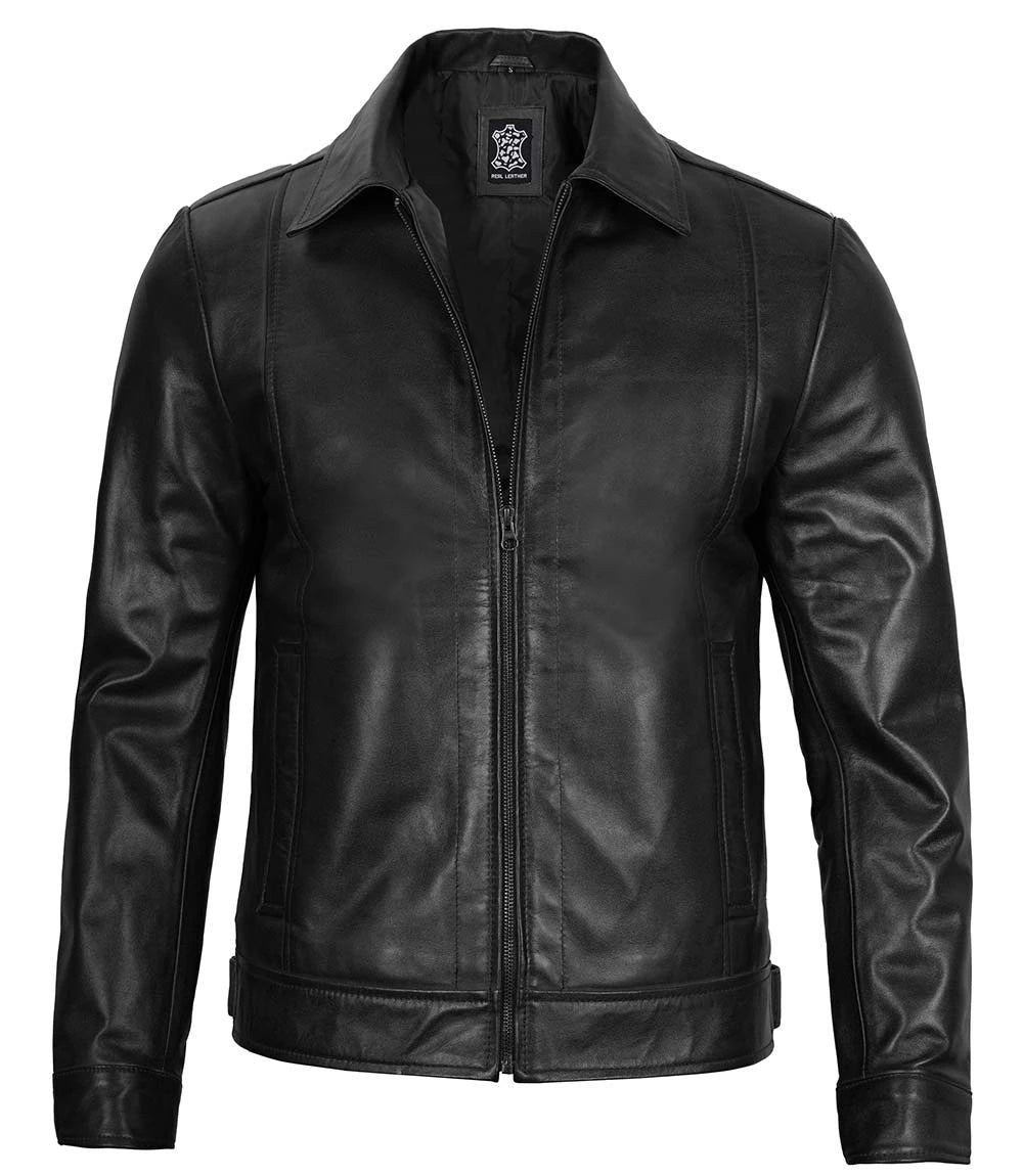 Mens Black Leather Jacket Harrington Style