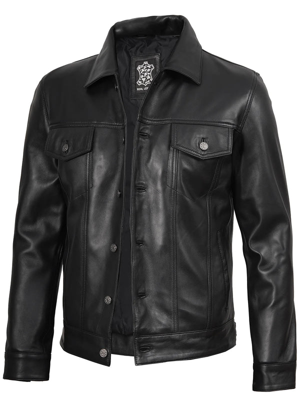 Fernando Mens Black Leather Trucker Jacket
