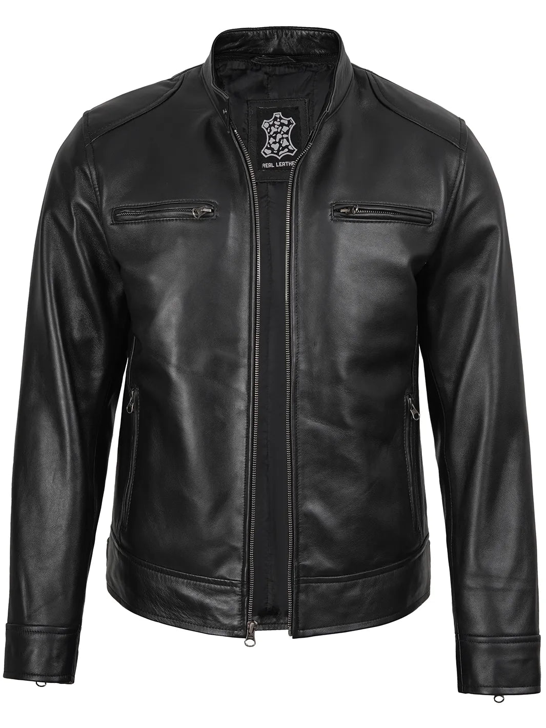 Mens Black Moto Leather Jacket with Removable Hood