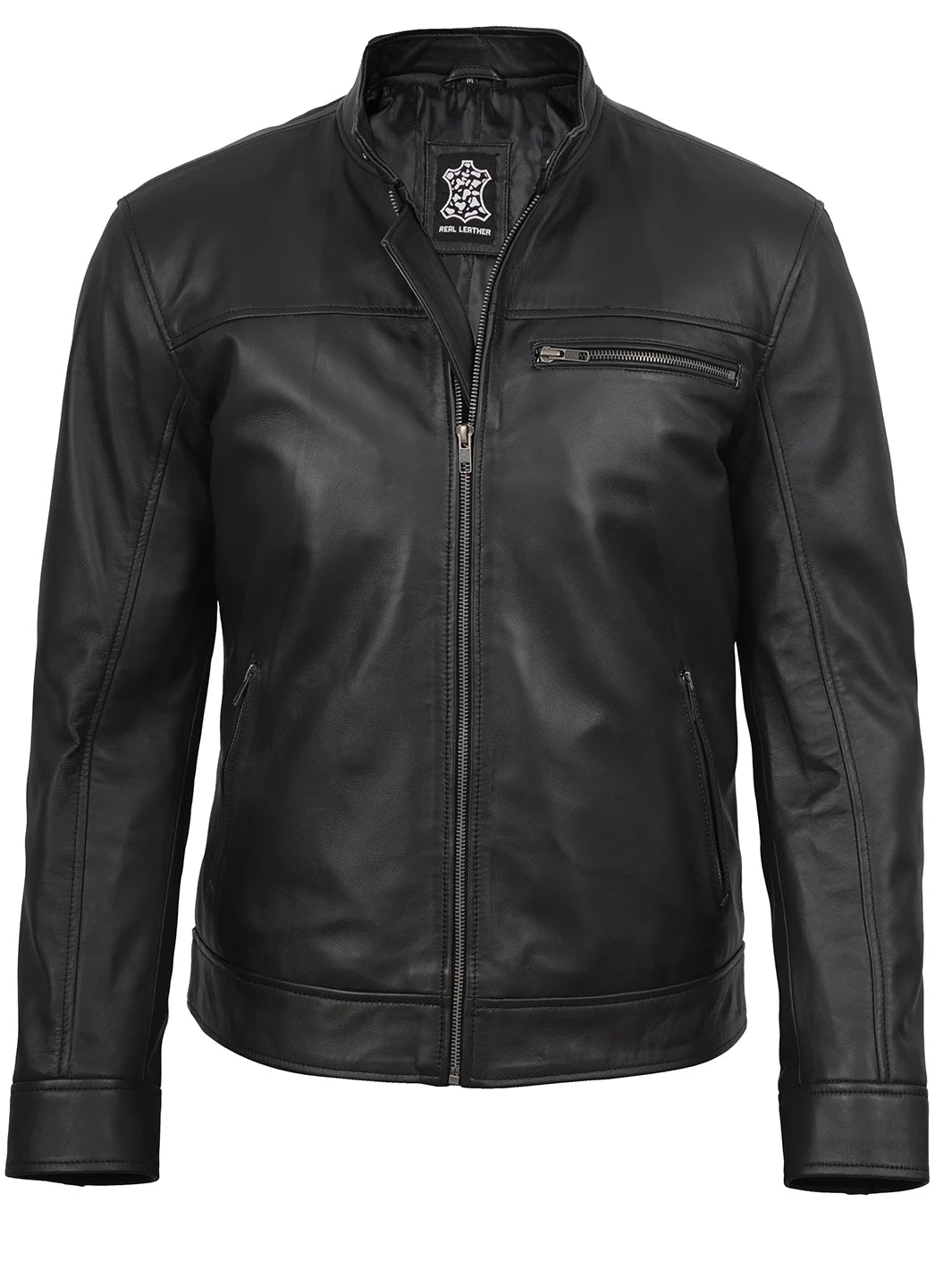  Mens Black Real Leather Cafe Racer Jacket
