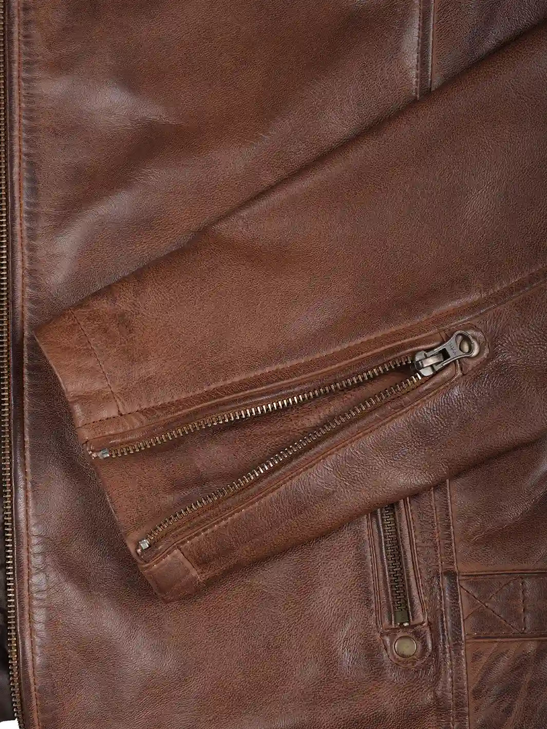Mens Brown Leather Jacket Biker Features