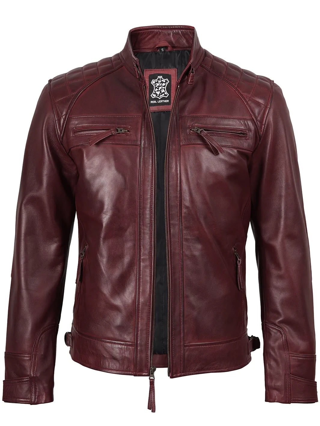 Mens Burgundy Biker Leather Jacket 