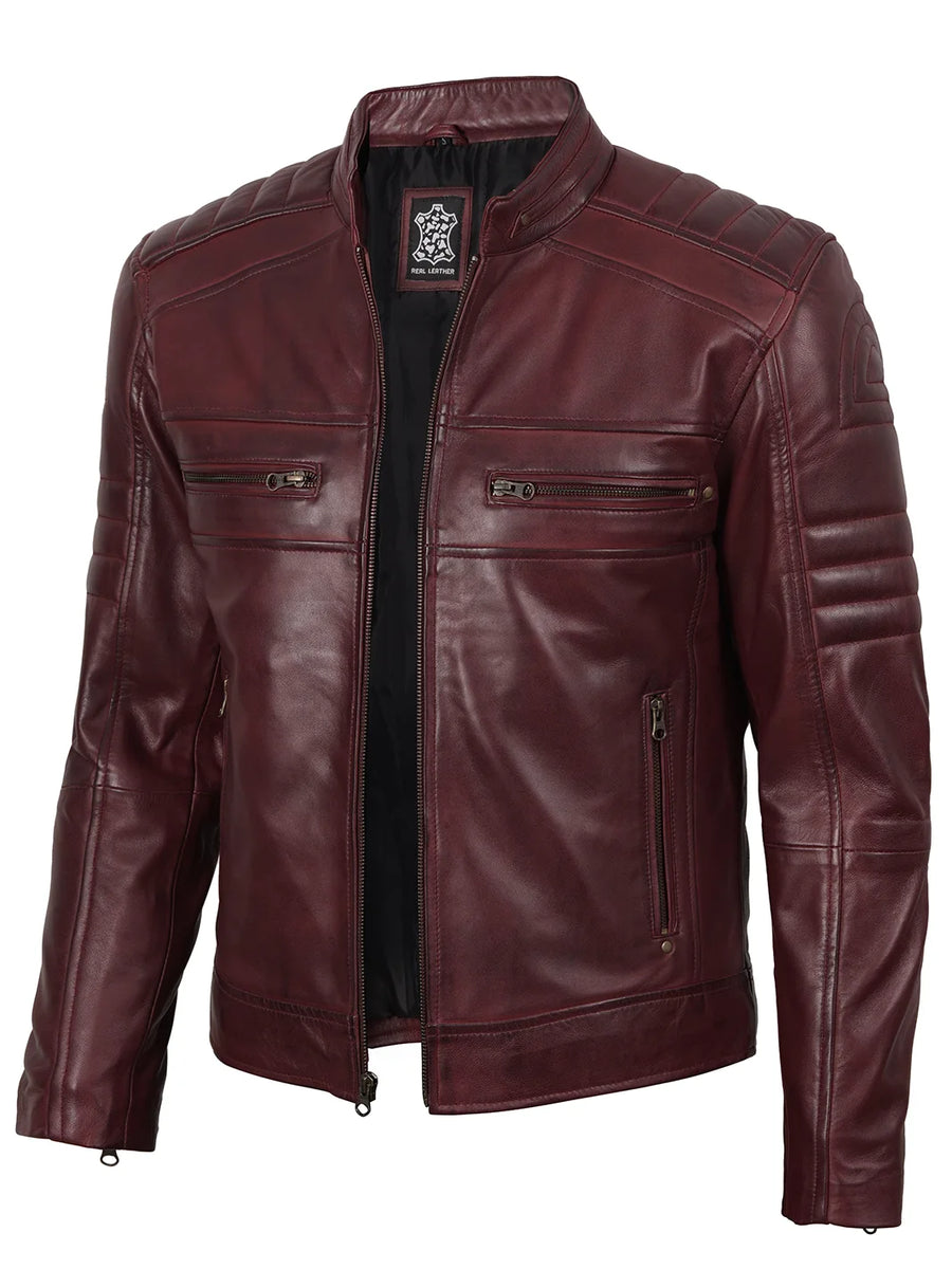 Mens Burgundy Cafe Racer Leather Jacket