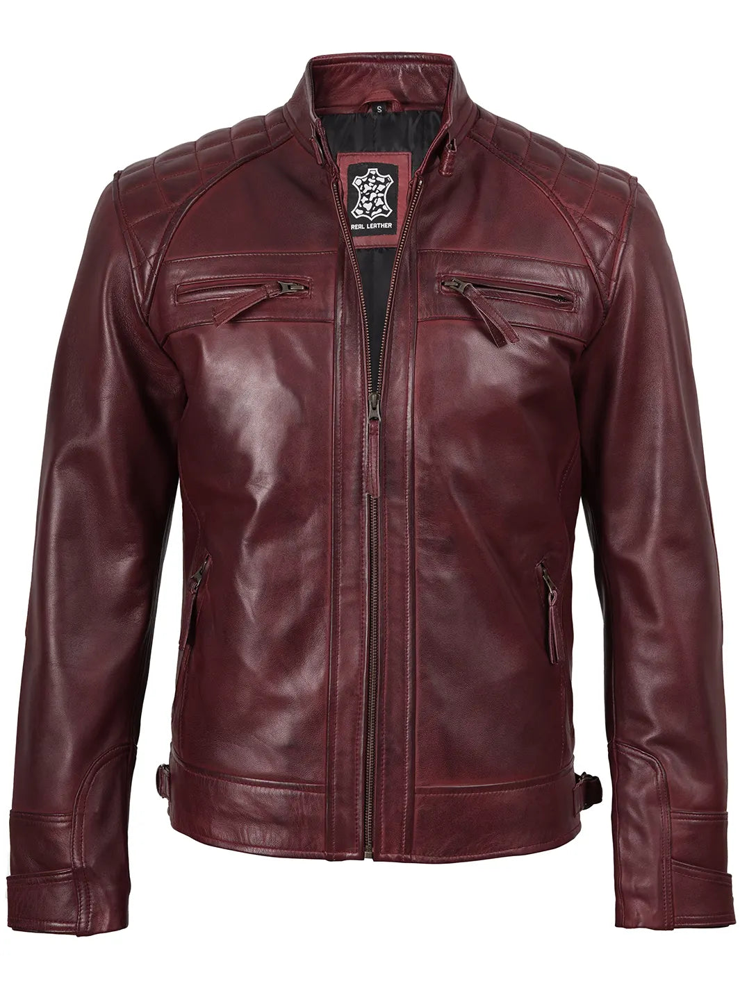 Mens Burgundy Real Leather Jacket Biker