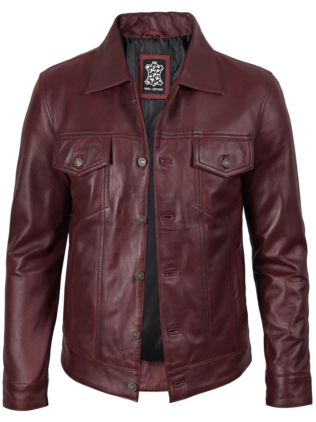 Mens Burgundy Real Leather Trucker Jackets