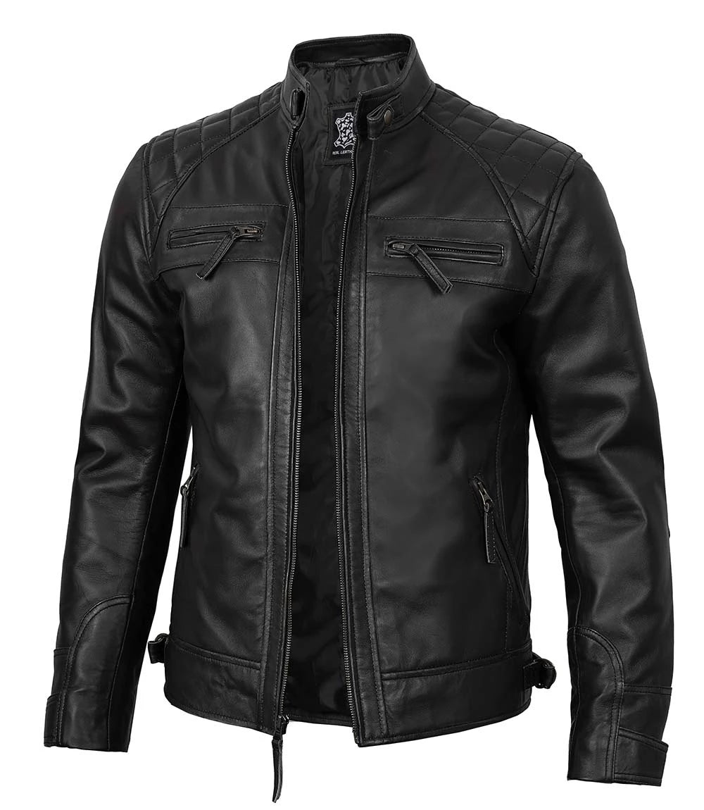 Mens Cafe Racer Black Real Lambskin Leather jacket