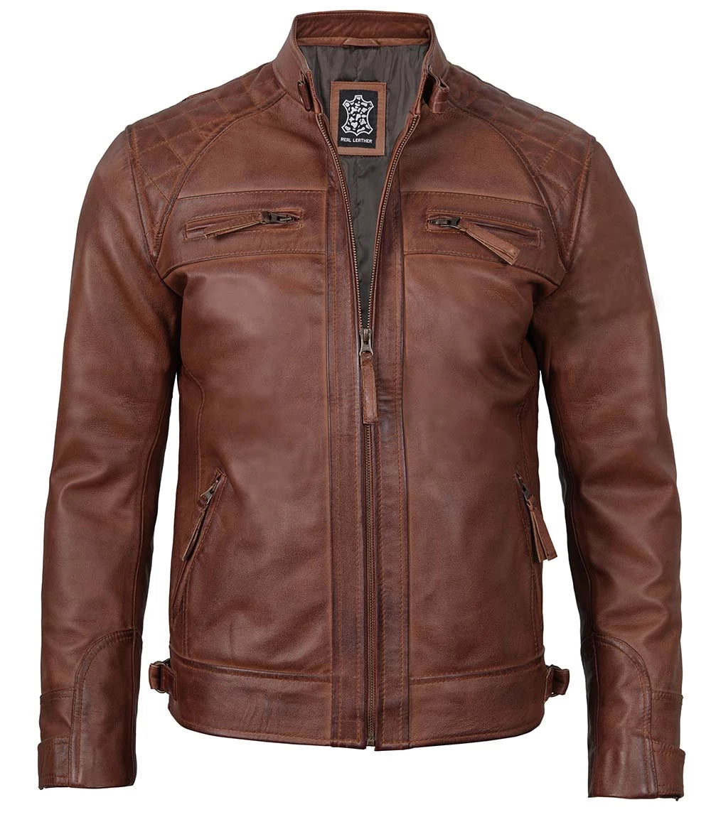 Mens Cafe Racer Cognac Brown Wax Leather Jacket