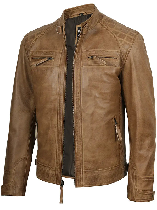 Mens Camel Brown Cafe Racer Leather Jacket