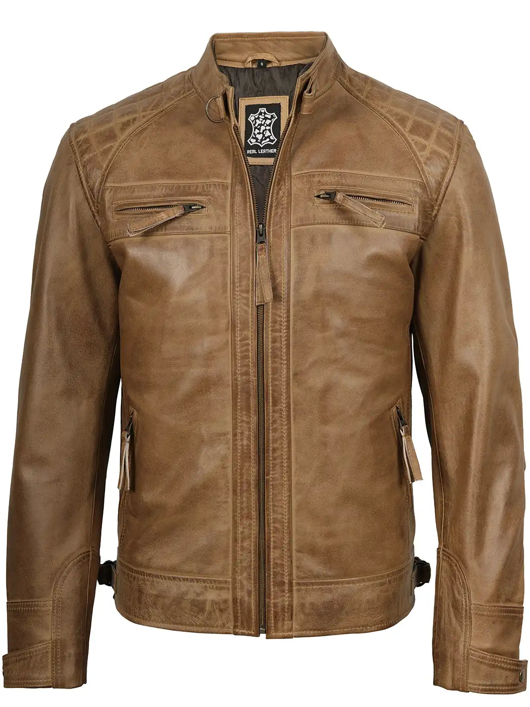 Mens Camel Brown Real Biker Leather Jacket