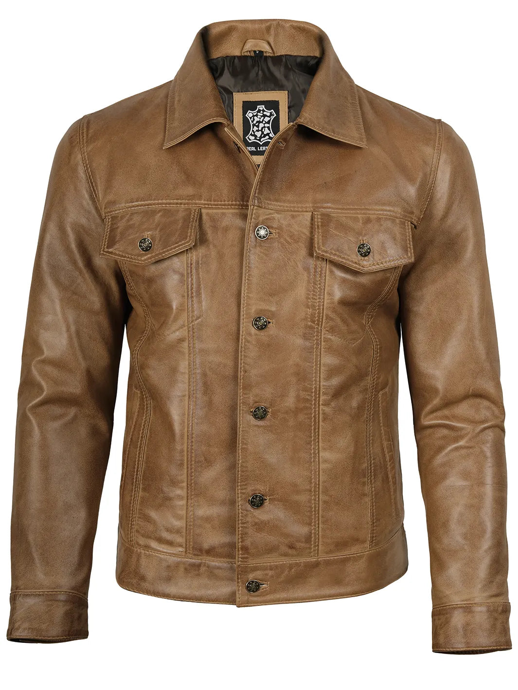 Mens Camel Leather Jacket Trucker