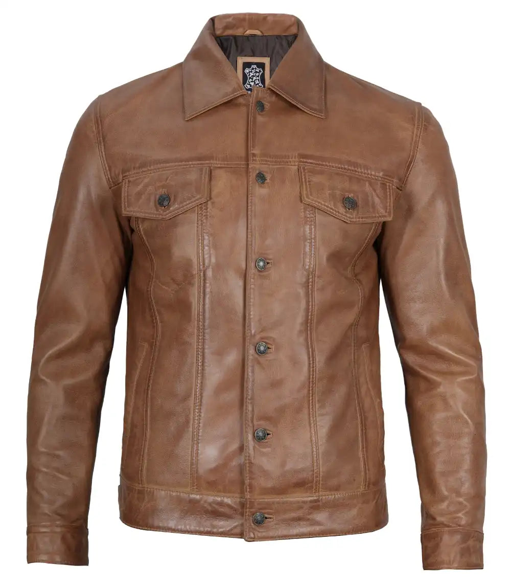 Mens Camel Trucker Leather jacket