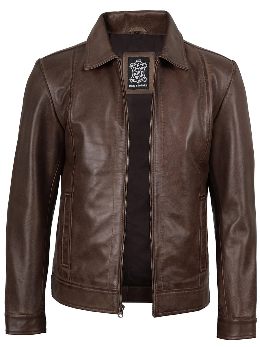 Mens Chocolate Brown Harrington Real Leather Jacket Mens