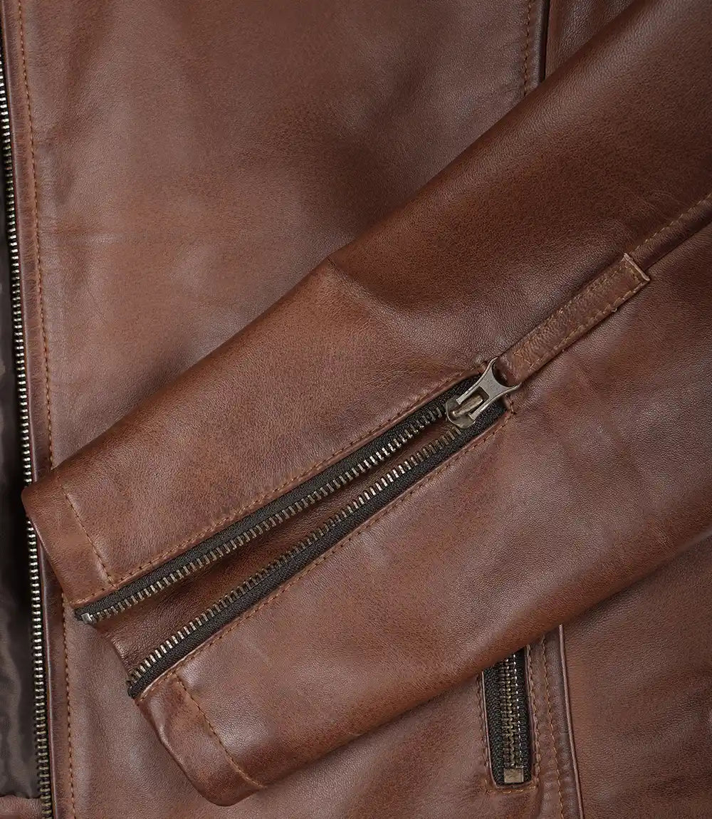 decrumnew Men's Cognac Brown Leather Racer Jacket with Black and Beige Stripes