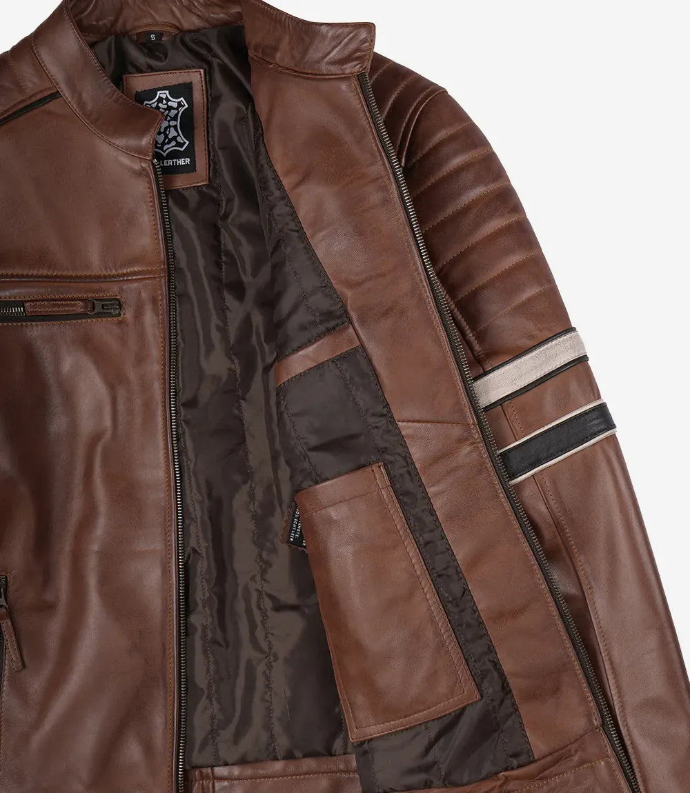 decrumnew Men's Cognac Brown Leather Racer Jacket with Black and Beige Stripes